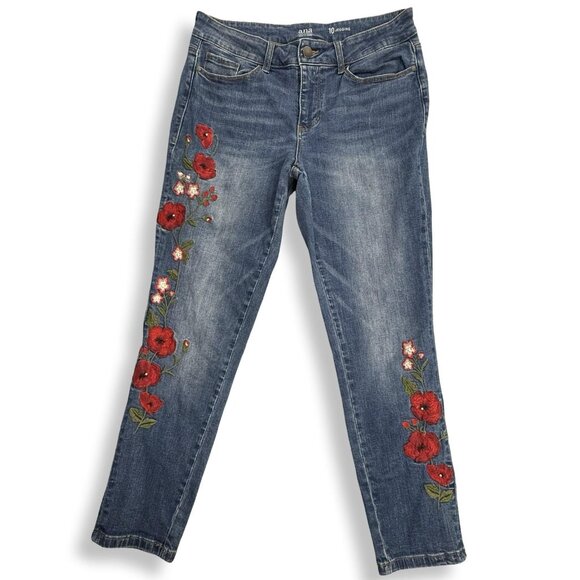 a.n.a. Jeans Womens 10 Jegging Boho Floral Embroidered Stretch Denim Pants 30x26 - Picture 1 of 9
